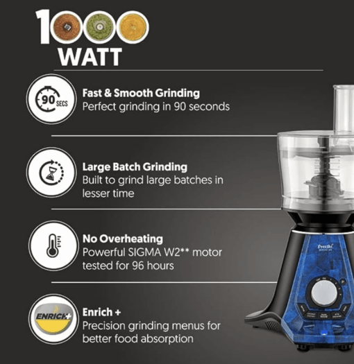 Preethi Zodiac 2.0 MG-255 Mixer Grinder, 1000 watt, Black/Blue, 4 Jars - Super Extractor juicer Jar & Master Chef Food Processor Jar, 2yr Guarantee & Lifelong Free Service - Image 4